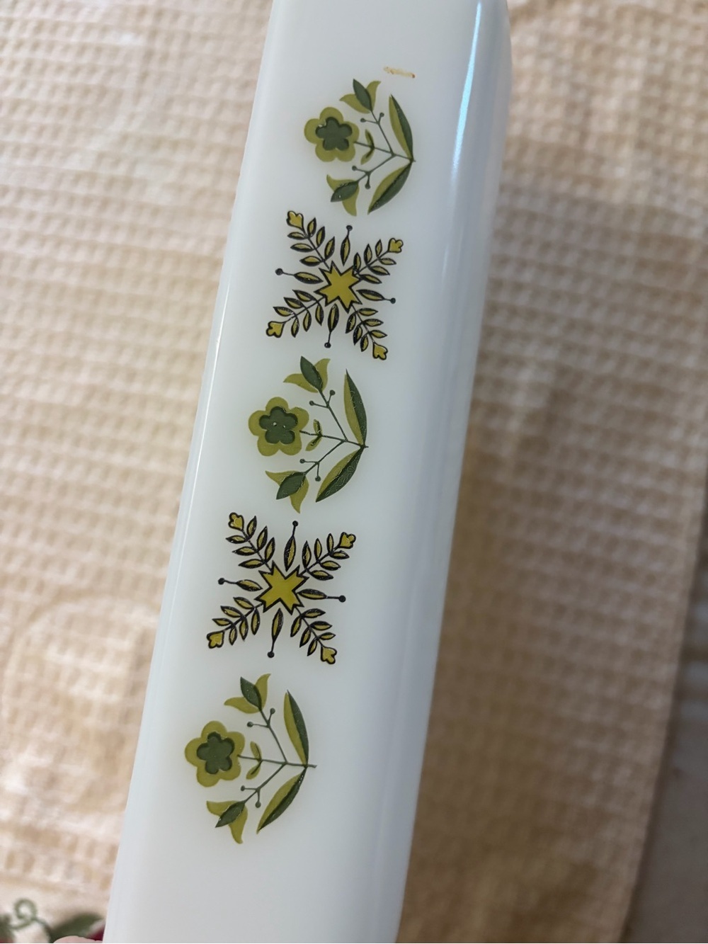 Anchor Hocking Milk Glass Casserole with Olive Green Floral Motif - Picture 7 of 7